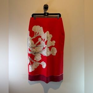 Zara Red Pencil Skirt with White Botanical Print